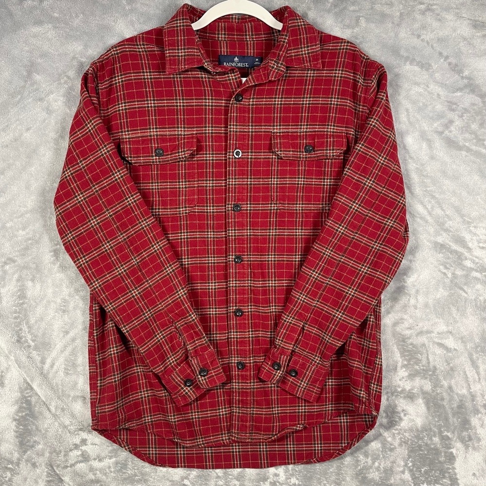 Rainforest Red Plaid Flannel Shirt‎ Long Sleeve Button Up Men Size Medium